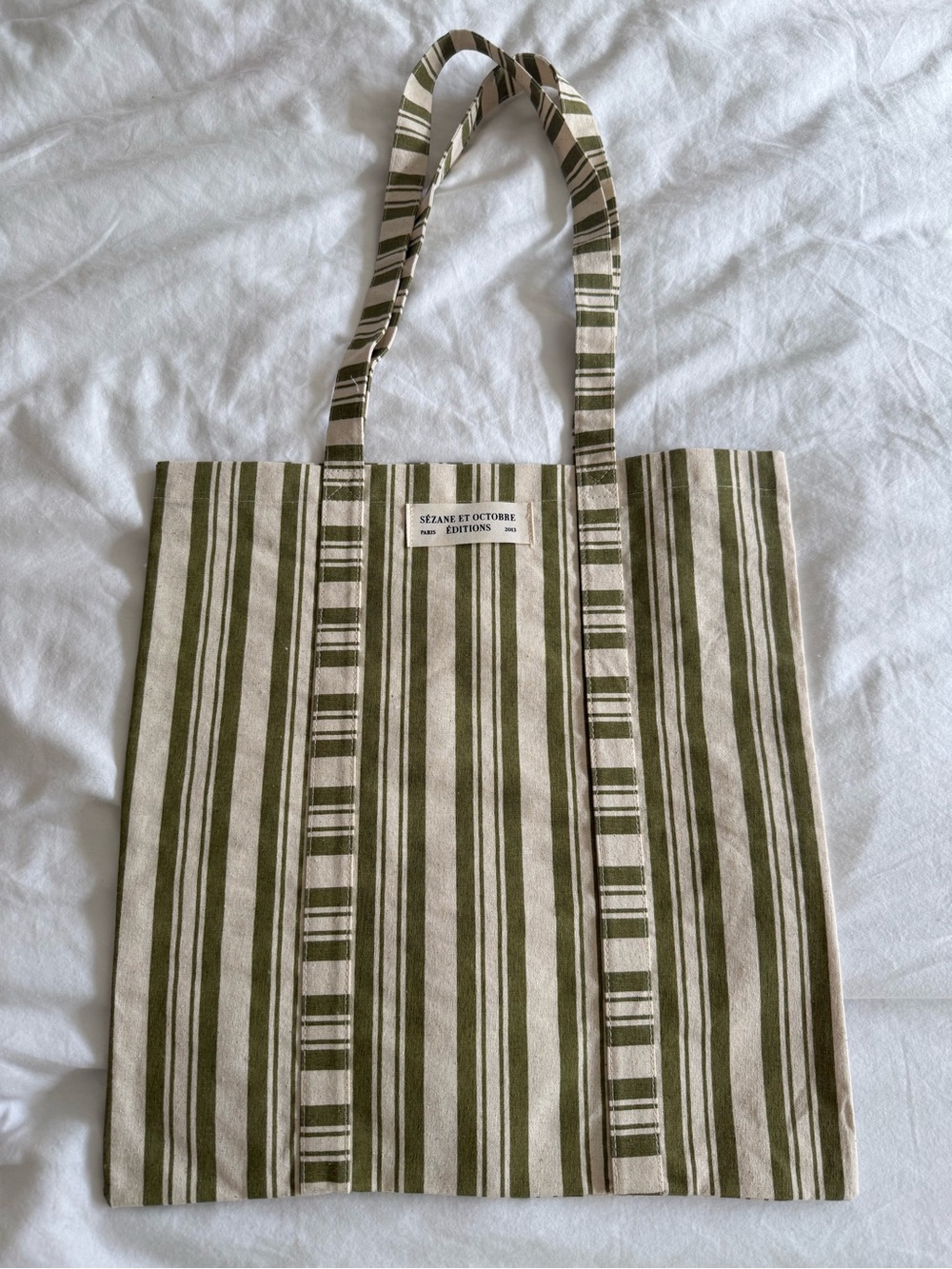 Sezane tote olive green and ecru canvas bag